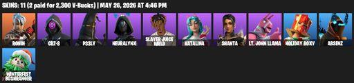 [PC/XBOX] | 11 skins | Ronin | CRZ-8 | P33LY | NeuraLynx | Slayer Juice WRLD | Katalina | Shanta | Lt. John Llama | Holiday Boxy | Absenz | Full Access