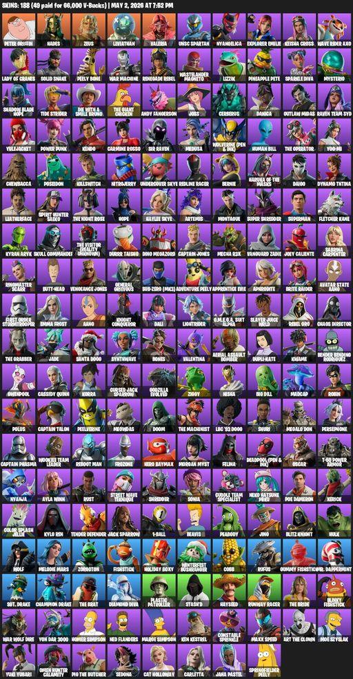 [PC/PSN] | 188 skins | 1350 V-bucks | Peter Griffin | Hades | Zeus | Leviathan | Valeria | UNSC Spartan | Nyangelica | Explorer Emilie | Keisha Cross | Full Access