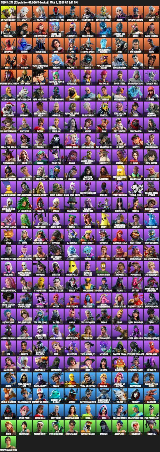 [PC/PSN/XBOX] | 271 skins | 1200 V-bucks | Psycho Bandit | Snap | Mizuki | The Foundation | Omegarok | The Scientist | Spectra Knight | Torin | Full Access
