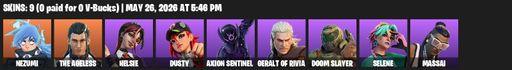 [PC/PSN/XBOX] | 9 skins | Nezumi | The Ageless | Helsie | Dusty | Axion Sentinel  | Geralt of Rivia | Doom Slayer | Selene | Massai | The Eternal Edge | Full Access