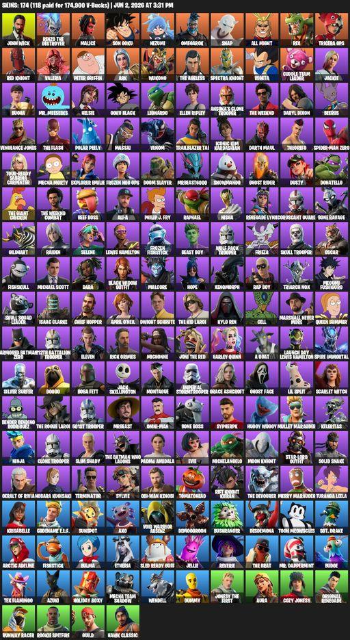 [PC] | 174 skins | 1200 V-bucks | John Wick | Renzo the Destroyer | Malice | Son Goku | Nezumi | Omegarok | Snap | All Might | Rex | Tricera Ops | Full Access