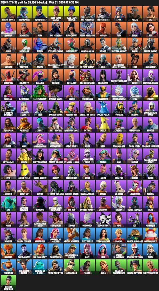 [PC/PSN/XBOX] | 171 skins | 950 V-bucks | Leviathan Axe | OG STW | Travis Scott | Lara Croft | Breakpoint | Warpaint | Rose Team Leader | Full Access