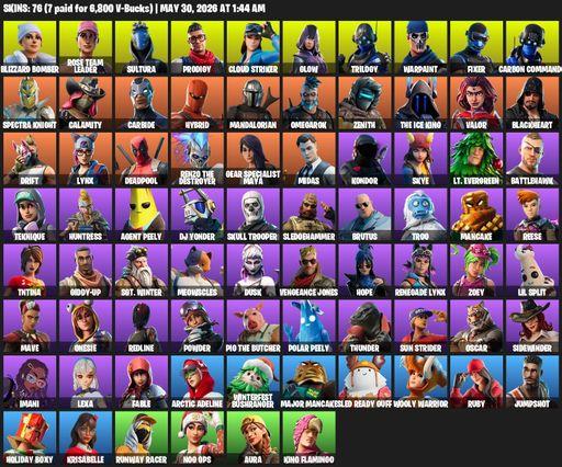 [PC/XBOX] | 76 skins | OG STW | Blizzard Bomber | Rose Team Leader | Sultura | Prodigy | Cloud Striker | Glow | Trilogy | Warpaint | Fixer | Full Access