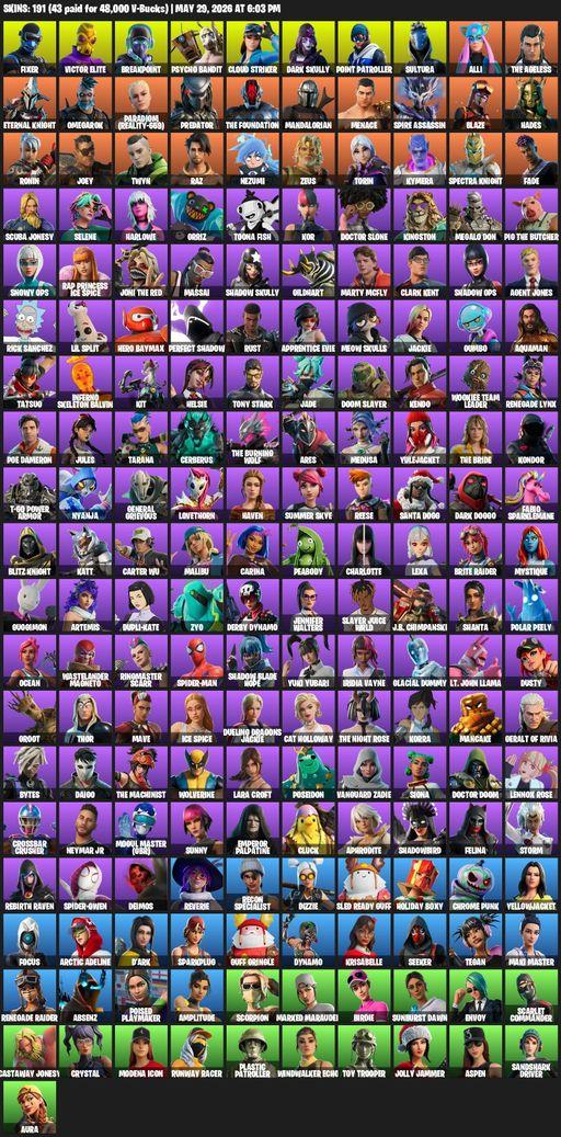 [PC] | 191 skins | Leviathan Axe | Renegade Raider | Lara Croft | Fixer | Victor Elite | Breakpoint | Psycho Bandit | Cloud Striker | Dark Skully | Full Access