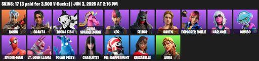 [PC/PSN/XBOX] | 17 skins | 500 V-bucks | Ronin | Shanta | Toona Fish | Fabio Sparklemane | Kor | Felina | Haven | Explorer Emilie | Harlowe | Gumbo | Full Access