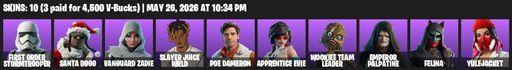 [PC/XBOX] | 10 skins | 900 V-bucks | First Order Stormtrooper | Santa Dogg | Vanguard Zadie | Slayer Juice WRLD | Poe Dameron | Apprentice Evie | Full Access