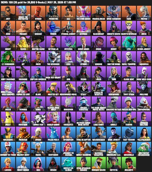 [PC/XBOX] | 109 skins | 500 V-bucks | Lara Croft | Reaper Axe | Joey | Renzo the Destroyer | Hybrid | Predator | Raz | The Cube Queen | Mandalorian | Full Access