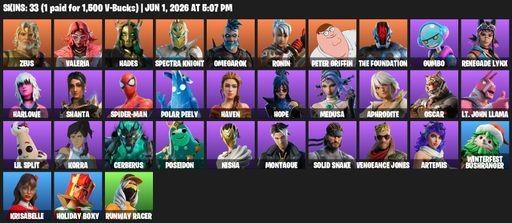 [PC/PSN/XBOX] | 33 skins | 2100 V-bucks | Zeus | Valeria | Hades | Spectra Knight | Omegarok | Ronin | Peter Griffin | The Foundation | Gumbo | Full Access