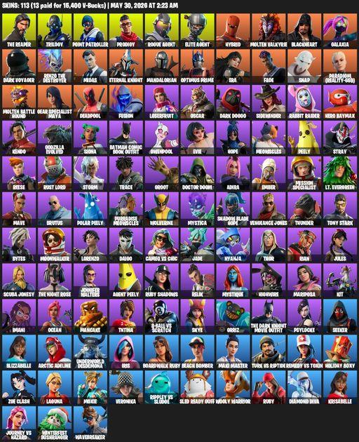 [PC/PSN] | 113 skins | Take The L | The Reaper | Elite Agent | Trilogy | Point Patroller | Prodigy | Rogue Agent | Hybrid | Molten Valkyrie | Full Access