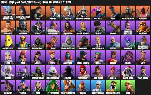 [PC/PSN/XBOX] | 59 skins | Merry Mint Axe | Lara Croft | Renzo the Destroyer | Gear Specialist Maya | Era | Midas | Mizuki | Eternal Knight | Galaxia | Full Access