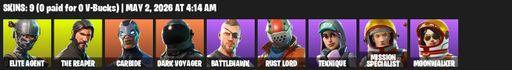 [PC/PSN/XBOX] | 9 skins | 4100 V-bucks | Take The L | The Reaper | Elite Agent | Carbide | Dark Voyager | Battlehawk | Rust Lord | Teknique | Full Access