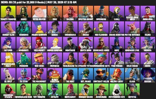 [PC/PSN/XBOX] | 59 skins | Trinity Trooper | Hades | Peter Griffin | Zeus | Valeria | Spectra Knight | Omegarok | 1-Ball | Slayer Juice WRLD | Full Access