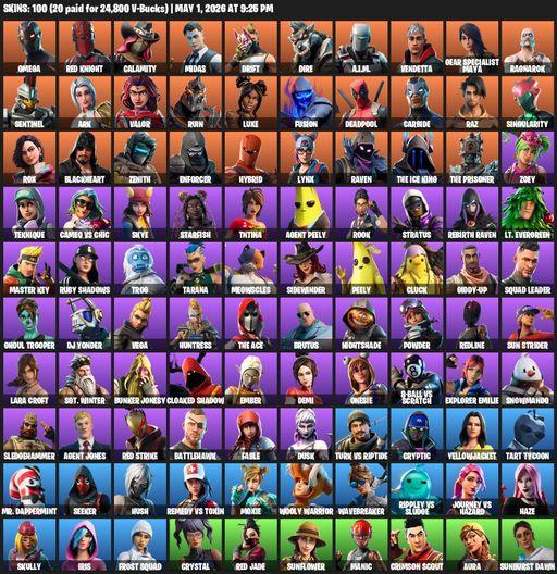 [PC/PSN/XBOX] | 100 skins | Merry Mint Axe | Omega | Lara Croft | Red Knight | Calamity | Midas | Drift | Dire | A.I.M. | Vendetta | Full Access