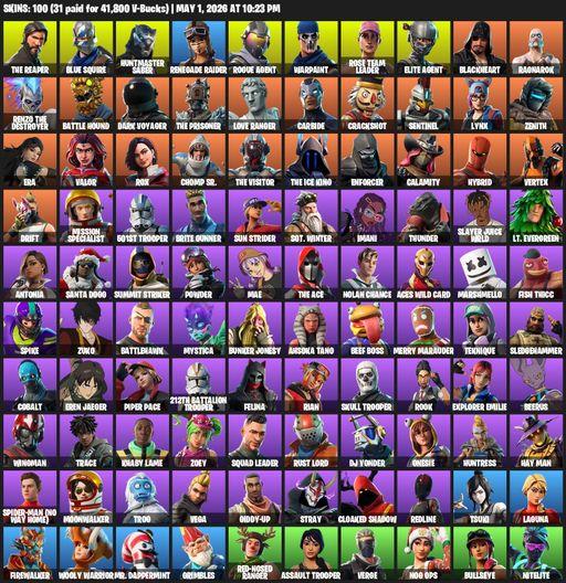 [PC/PSN/XBOX] | 100 skins | Take The L | OG STW | Renegade Raider | The Reaper | Elite Agent | Blue Squire | Huntmaster Saber | Rogue Agent | Warpaint | Full Access