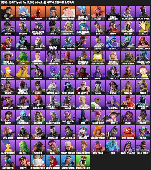 [PC/PSN] | 106 skins | Era | Nezumi | Inferno | The Ageless | Peter Griffin | Renzo the Destroyer | Valeria | Knight Conqueror | Nolan Chance | Full Access