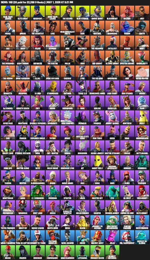 [PC] | 168 skins | 650 V-bucks | Take The L | OG STW | The Reaper | Elite Agent | Omega | Lara Croft | Blue Team Leader | Warpaint | Rose Team Leader | Full Access