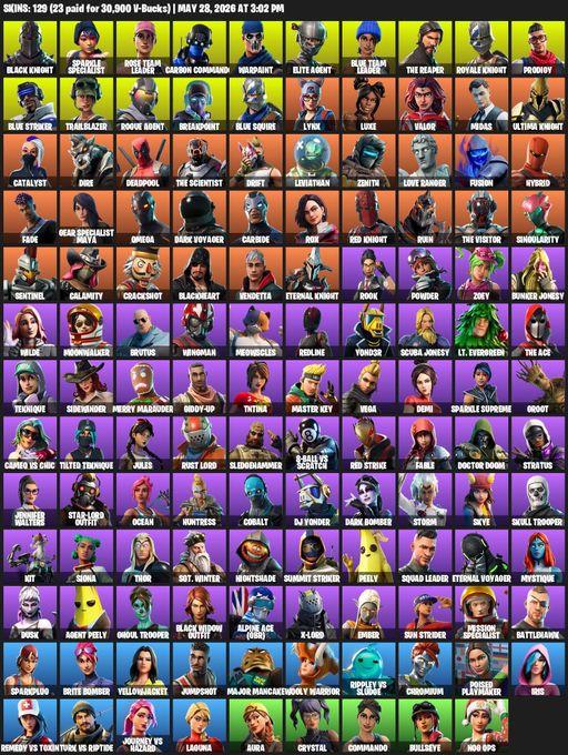[PC/PSN/XBOX] | 129 skins | 600 V-bucks | Merry Mint Axe | Take The L | Floss | OG STW | Black Knight | Sparkle Specialist | Royale Knight | Full Access