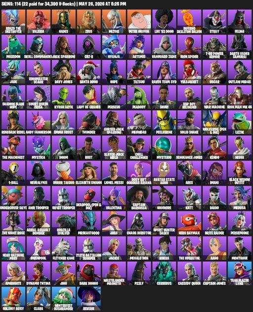[PC/PSN/XBOX] | 114 skins | Renzo the Destroyer | Valeria | Hades | Zeus | Mizuki | Peter Griffin | LBC '93 Dogg | Inferno Skeleton Balvin | Stray | Full Access