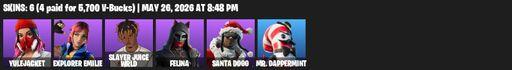[PC/PSN] | 6 skins | Yulejacket | Explorer Emilie | Slayer Juice WRLD | Felina | Santa Dogg | Mr. Dappermint | Mercurial | Cuddle Carvers | Full Access