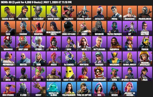 [PC/XBOX] | 59 skins | Take The L | Travis Scott | The Reaper | Elite Agent | Rogue Agent | Calamity | Eternal Knight | Catalyst | Midas | Ragnarok | Full Access