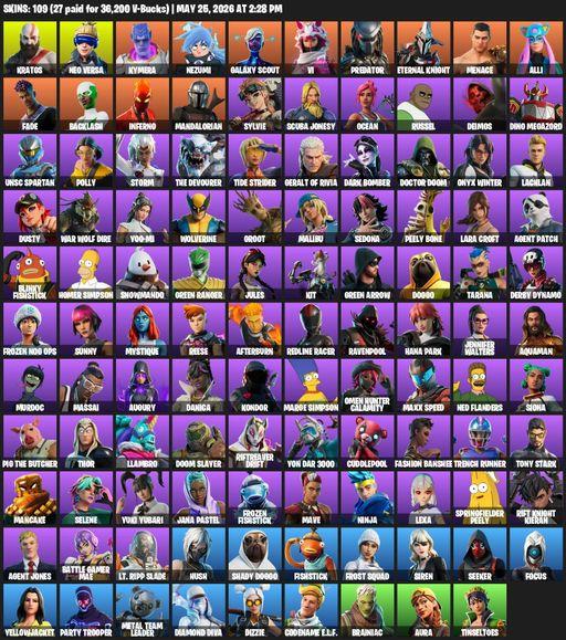 [PC/XBOX] | 109 skins | 1950 V-bucks | Leviathan Axe | Lara Croft | Kratos | Neo Versa | Kymera | Nezumi | Galaxy Scout | Vi | Predator | Full Access