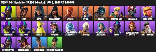 [PC/PSN/XBOX] | 24 skins | Blitz | Luxe | Fate | Blackheart | Hybrid | Lynx | Zenith | Master Key | Wingman | Beef Boss | Gridiron | End Zone | Peely | Full Access