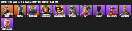 [PC/PSN/XBOX] | 11 skins | Take The L | Drift | Carbide | Rust Lord | Mission Specialist | Moonwalker | Teknique | Zoey | Redline | Sun Strider | Full Access