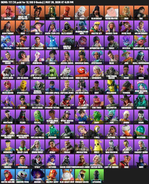 [PC/PSN/XBOX] | 117 skins | Valeria | Renzo the Destroyer | Luxe | Hades | Hybrid | Snap | Blackheart | Peter Griffin | Zeus | Era | Kado Thorne | Full Access