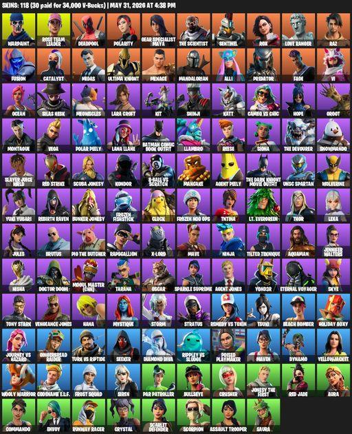 [PC/PSN/XBOX] | 118 skins | Leviathan Axe | OG STW | Lara Croft | Warpaint | Rose Team Leader | Deadpool | Polarity | Gear Specialist Maya | Full Access