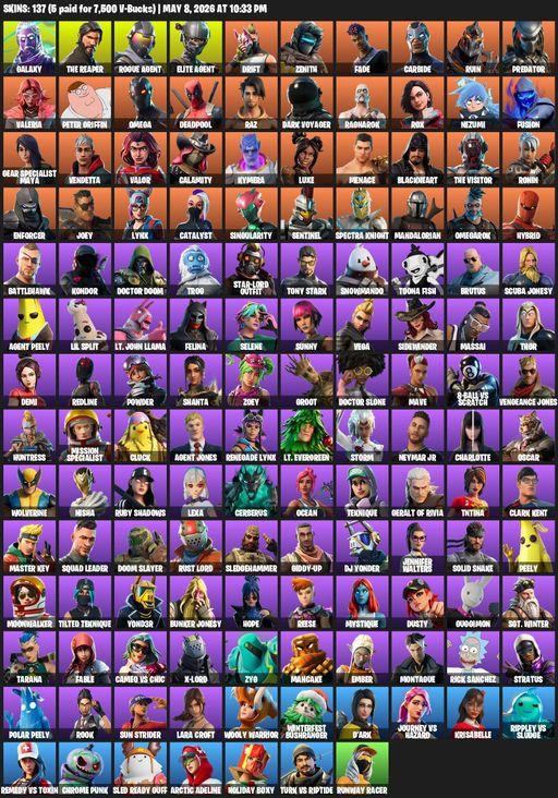 [PC/PSN] | 137 skins | 900 V-bucks | Take The L | Galaxy | The Reaper | Elite Agent | Omega | Lara Croft | Rogue Agent | Drift | Zenith | Fade | Full Access