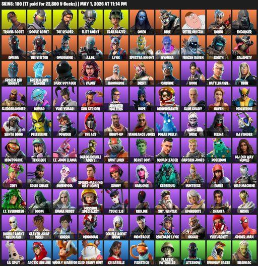 [PC] | 100 skins | Take The L | Travis Scott | The Reaper | Elite Agent | Omega | Rogue Agent | Trailblazer | Omen | Dire | Peter Griffin | Ronin | Full Access