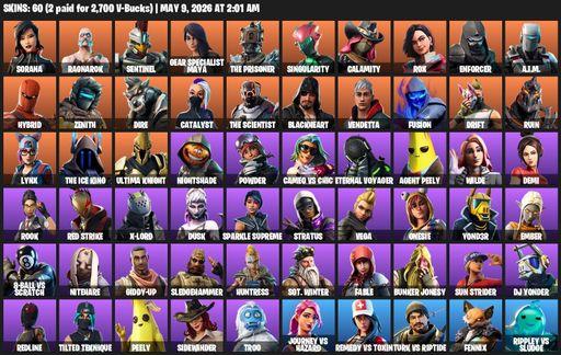 [PC/PSN/XBOX] | 60 skins | 850 V-bucks | Sorana | Ragnarok | Sentinel | Gear Specialist Maya | The Prisoner | Singularity | Calamity | Rox | Enforcer | Full Access