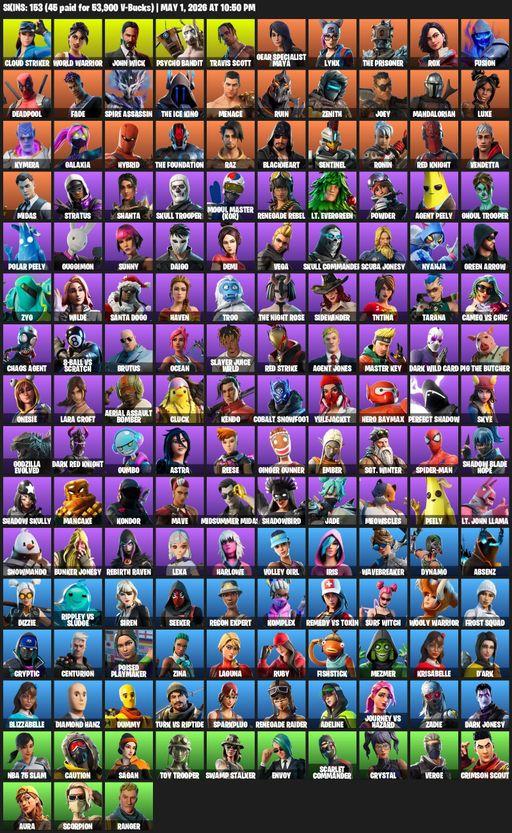 [PC/PSN/XBOX] | 153 skins | Leviathan Axe | Renegade Raider | Travis Scott | Lara Croft | Cloud Striker | World Warrior | John Wick | Psycho Bandit | Full Access