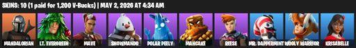 [PC] | 10 skins | 2000 V-bucks | Merry Mint Axe | Mandalorian | Lt. Evergreen | Mave | Snowmando | Polar Peely | Mancake | Reese | Mr. Dappermint | Full Access
