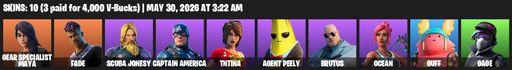 [PC/PSN/XBOX] | 10 skins | Gear Specialist Maya | Fade | Scuba Jonesy | Captain America | TNTina | Agent Peely | Brutus | Ocean | Guff | Gage | Full Access