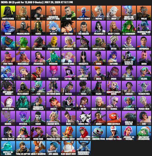 [PC] | 96 skins | Darth Vader | Zeus | Era | Paradigm (Reality-659) | Twyn | Galaxy Scout | Mizuki | Snap | Renzo the Destroyer | Malik | Fusion | Full Access