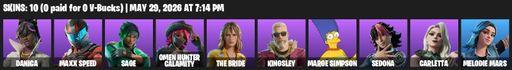 [PC/XBOX] | 10 skins | Danica | Maxx Speed | Sage | Omen Hunter Calamity | The Bride | Kingsley | Marge Simpson | Sedona | Carletta | Melodie Mars | Full Access