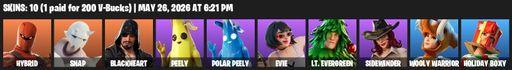 [PC/PSN/XBOX] | 10 skins | 550 V-bucks | Hybrid | Snap | Blackheart | Peely | Polar Peely | Evie | Lt. Evergreen | Sidewinder | Wooly Warrior | Full Access