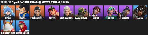 [PC/PSN/XBOX] | 12 skins | Nezumi | Vegeta | The Ageless | Dusty | Geralt of Rivia | Doom Slayer | Helsie | Selene | Massai | Colby | Sled Ready Guff | Full Access