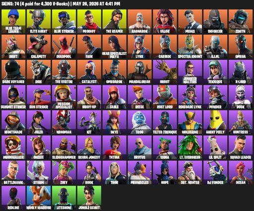 [PC] | 74 skins | 700 V-bucks | Take The L | The Reaper | Elite Agent | Omega | Blue Team Leader | Blue Striker | Prodigy | Ragnarok | Valor | Midas | Full Access