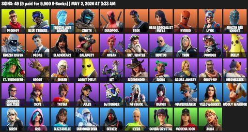 [PC] | 49 skins | Prodigy | Blue Striker | Frozen Love Ranger | Zenith | Deadpool | Fade | Gear Specialist Maya | Hybrid | Lynx | Frozen Red Knight | Full Access