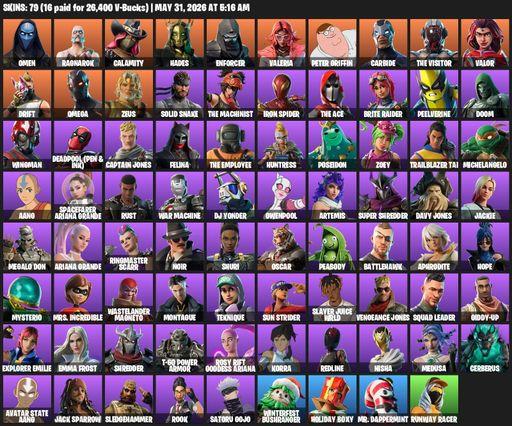 [PC/PSN/XBOX] | 79 skins | Omega | Omen | Ragnarok | Calamity | Hades | Enforcer | Valeria | Peter Griffin | Carbide | The Visitor | Valor | Drift | Full Access
