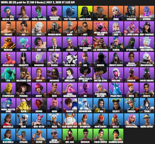 [PC/PSN/XBOX] | 88 skins | 550 V-bucks | Leviathan Axe | Lara Croft | Arcane Jinx | Ghoul Trooper | Unchained Ramirez | Tart Tycoon | Darth Vader | Full Access