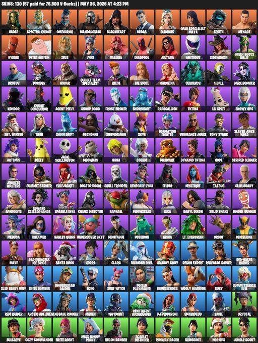 [PC/PSN/XBOX] | 130 skins | Renegade Raider | Reaper Axe | Hades | Spectra Knight | Omegarok | Mandalorian | Blackheart | Midas | Glimmer | Full Access