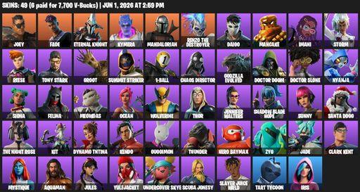 [PC/PSN/XBOX] | 49 skins | 500 V-bucks | Joey | Fade | Eternal Knight | Kymera | Mandalorian | Renzo the Destroyer | Daigo | Mancake | Imani | Storm | Full Access