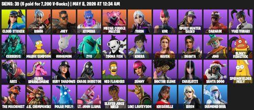 [PC/XBOX] | 39 skins | 1000 V-bucks | Cloud Striker | Ronin | Joey | Kymera | Mecha Cuddle Master | Torin | Kor | Spirit Hunter Saeko | Carnage | Full Access