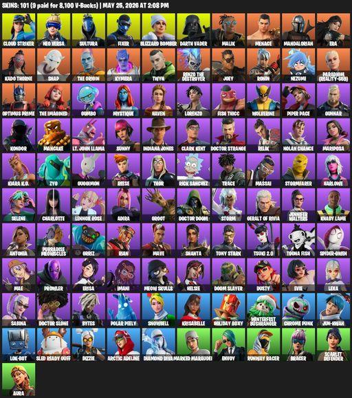 [PC/XBOX] | 101 skins | Reaper Axe | Cloud Striker | Neo Versa | Sultura | Fixer | Blizzard Bomber | Darth Vader | Malik | Menace | Mandalorian | Era | Full Access