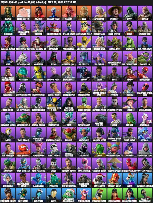 [PC/PSN/XBOX] | 130 skins | Renegade Raider | Hades | Peter Griffin | Joltara | Galaxy Scout | Valeria | Zeus | Aphrodite | MrBeast | Doom | Oscar | Full Access