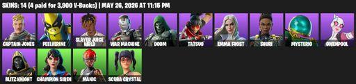 [PC/PSN] | 14 skins | 550 V-bucks | Captain Jones | Peelverine | Slayer Juice WRLD | War Machine | Doom | Tatsuo | Emma Frost | Shuri | Mysterio | Full Access