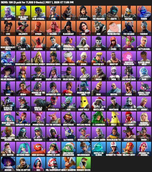 [PC] | 106 skins | 1000 V-bucks | Galaxy | Blue Team Leader | Blue Striker | Lynx | Ruin | Sorana | The Prisoner | Zenith | Sentinel | Fusion | Luxe | Full Access
